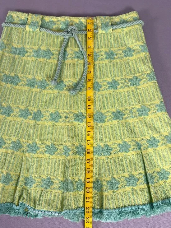 Nanette Lepore Aqua Neon Green Textured Skirt Fringe Hem Belted Size 8 Lined - Picture 7 of 7